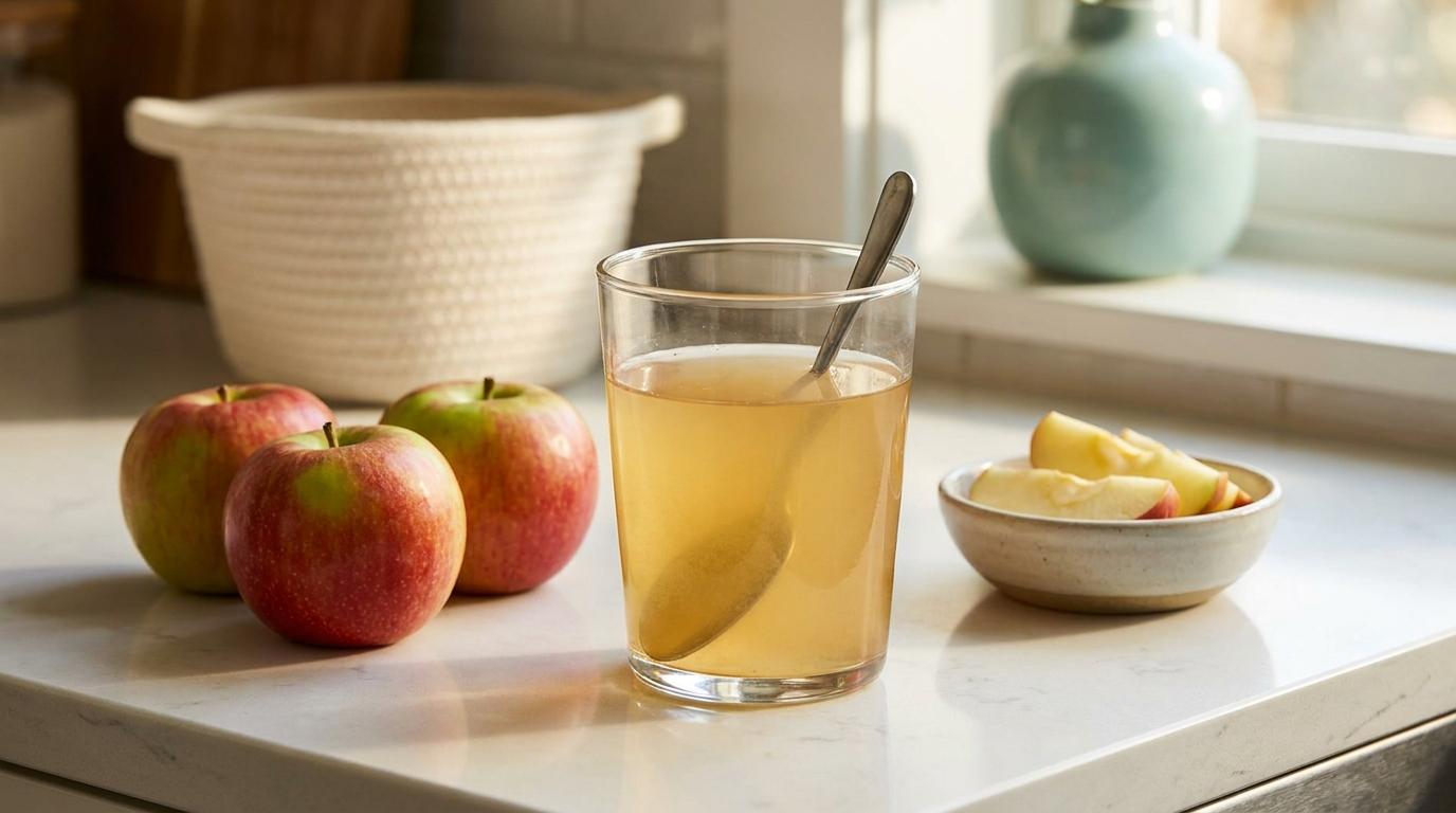Glass of water with apple cider vinegar next to fresh apples on a bright kitchen counter