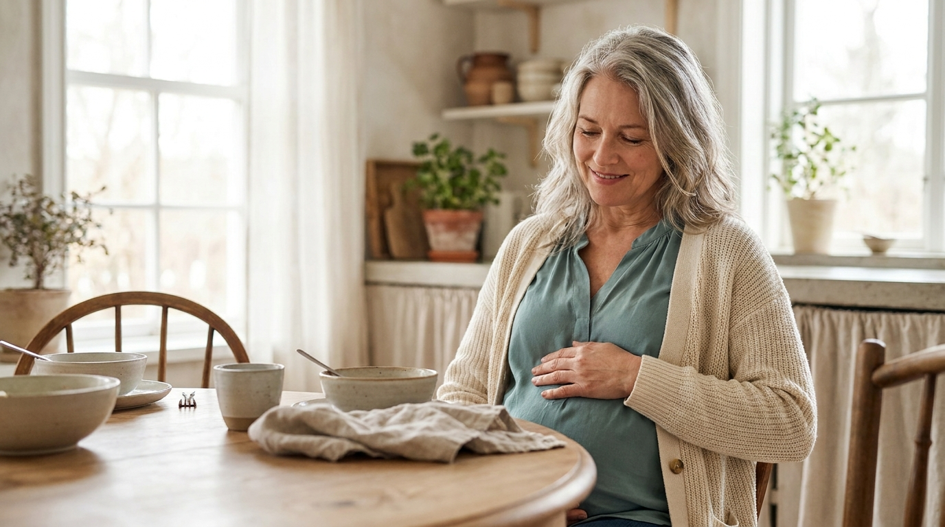 A woman in her 50s relaxed and comfortable at a sunlit dining table after a meal