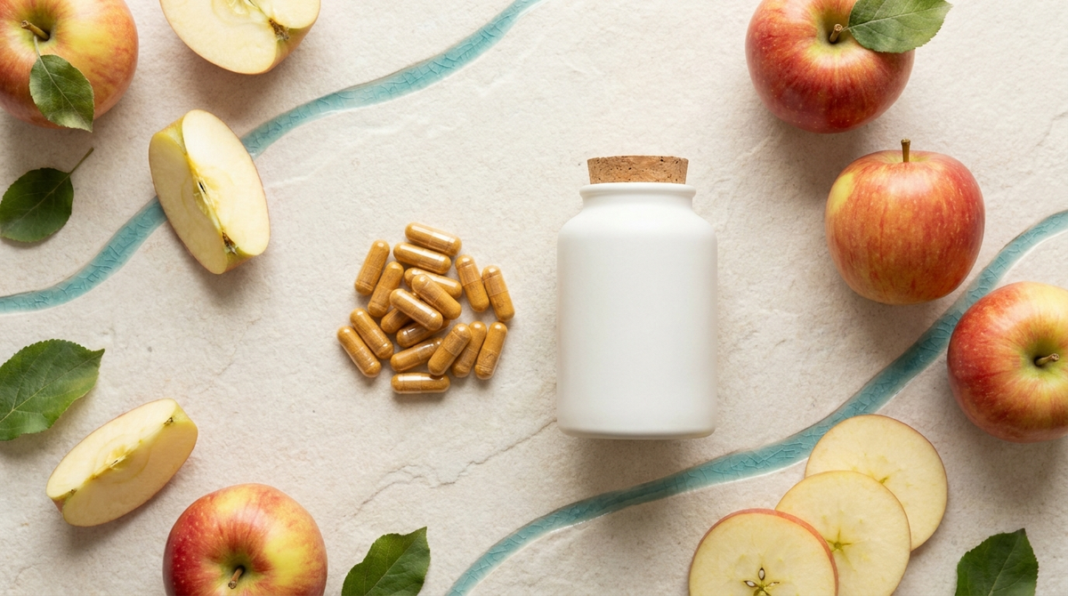 Apple cider vinegar capsules and a supplement bottle beside fresh apples on a bright counter