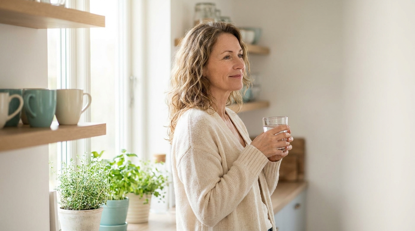 A calm woman in her early 50s feeling light and comfortable in a bright kitchen in the morning