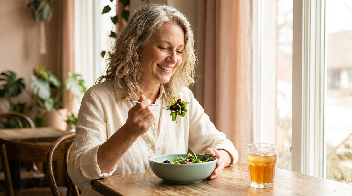 A relaxed woman in her early 50s enjoying a light, colorful lunch comfortably at a sunny table