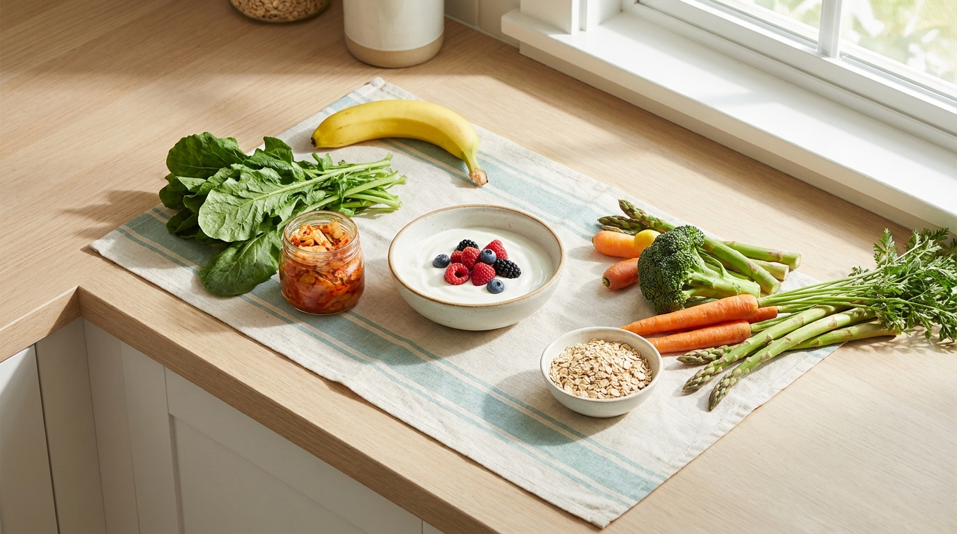 A bright flatlay of gut-friendly foods: yogurt, kimchi, berries, oats and fiber-rich vegetables on a light counter