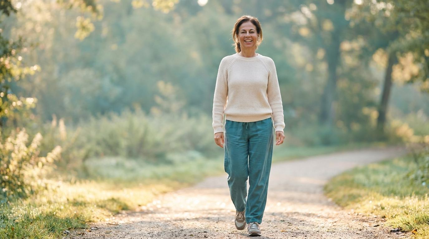 A happy woman around 50 on a gentle morning walk outdoors, looking light and relieved