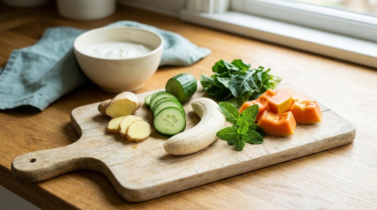A cutting board with gut-soothing whole foods: ginger, cucumber, banana, mint, papaya and leafy greens