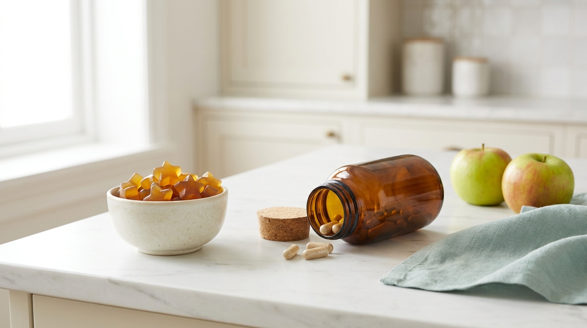 A comparison still life: a dish of amber gummies beside an unlabeled bottle of capsules with fresh apples