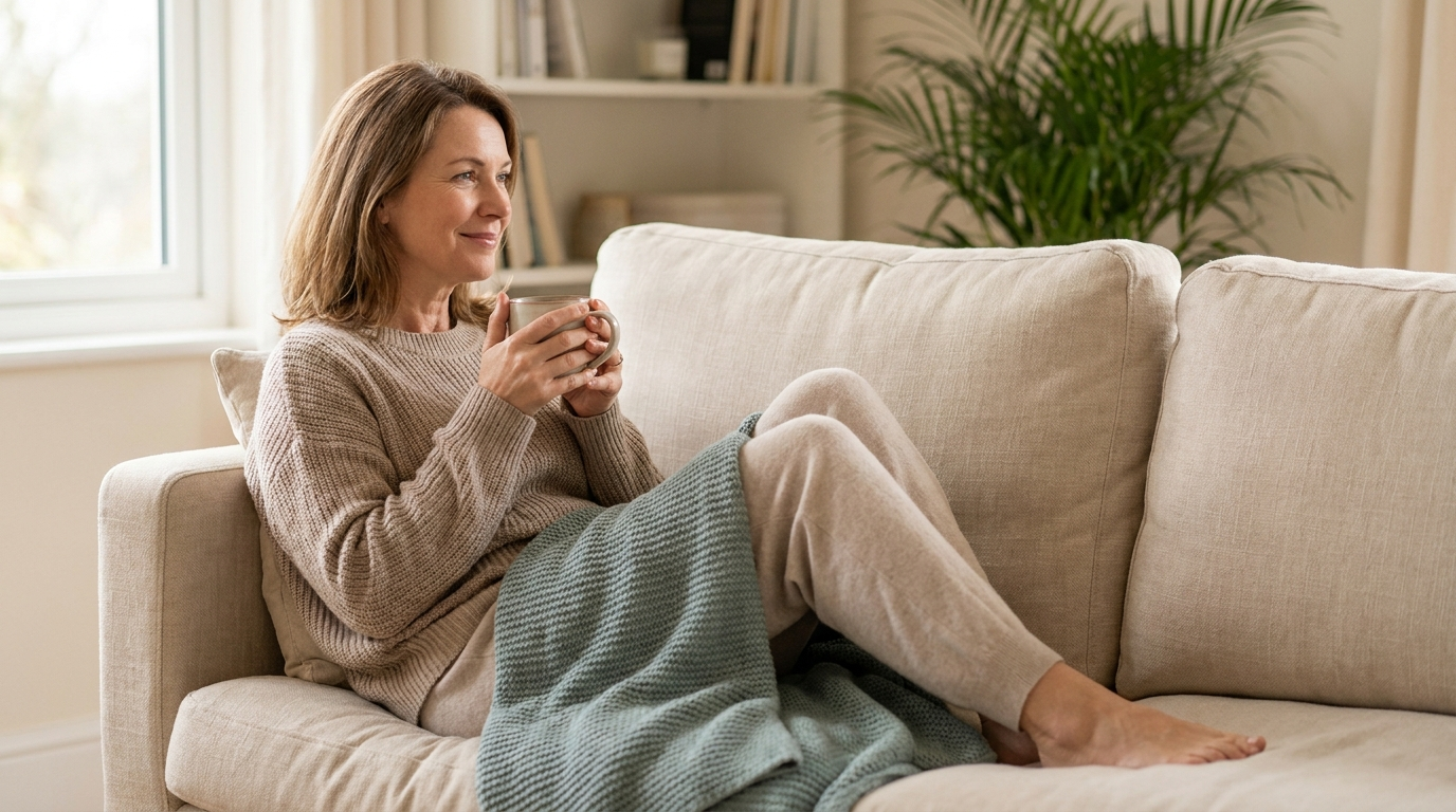 A calm, relieved woman around 48 sitting comfortably at home with a cup of herbal tea