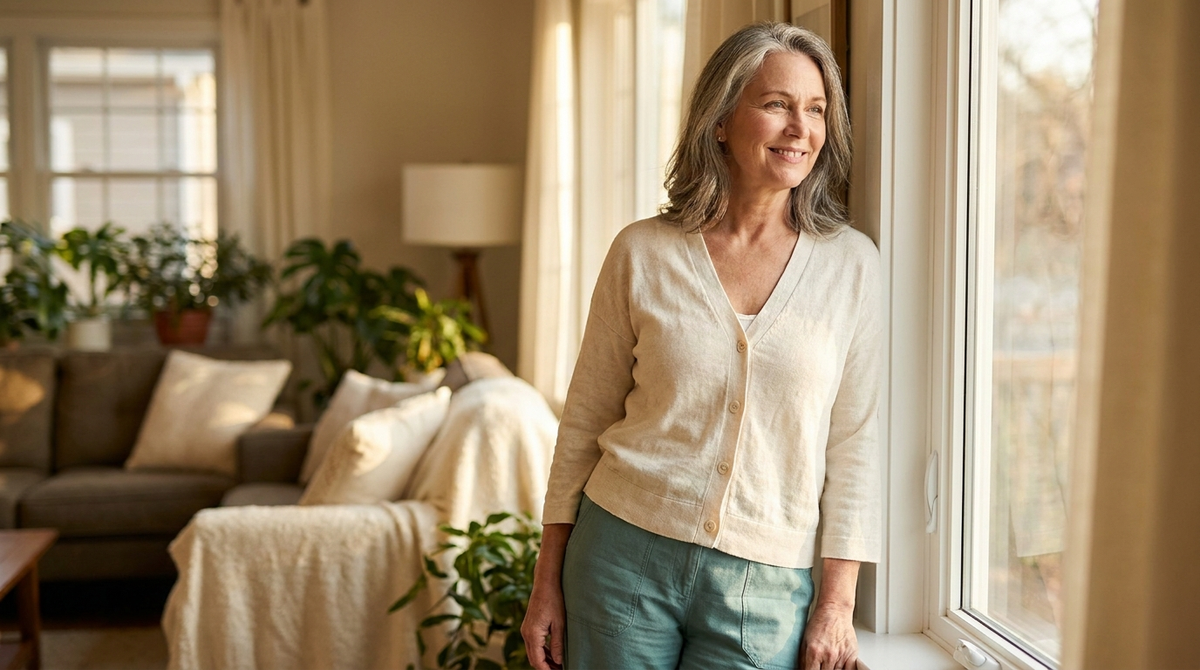 A confident, relaxed woman around 52 standing comfortably by a bright window