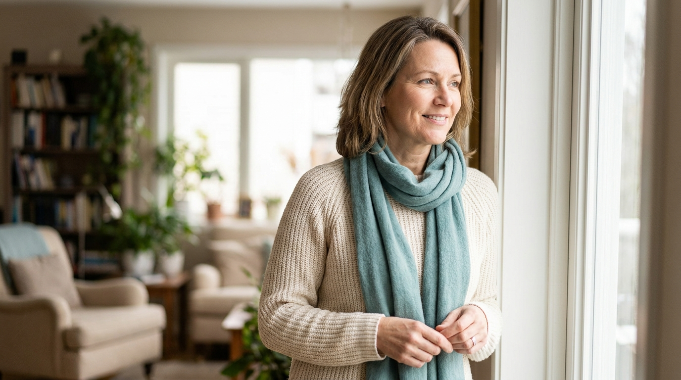 A thoughtful, confident woman around 47 standing near a bright window, calm and informed