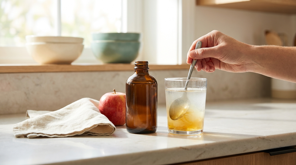A glass of water with apple cider vinegar being stirred with a spoon on a bright kitchen counter
