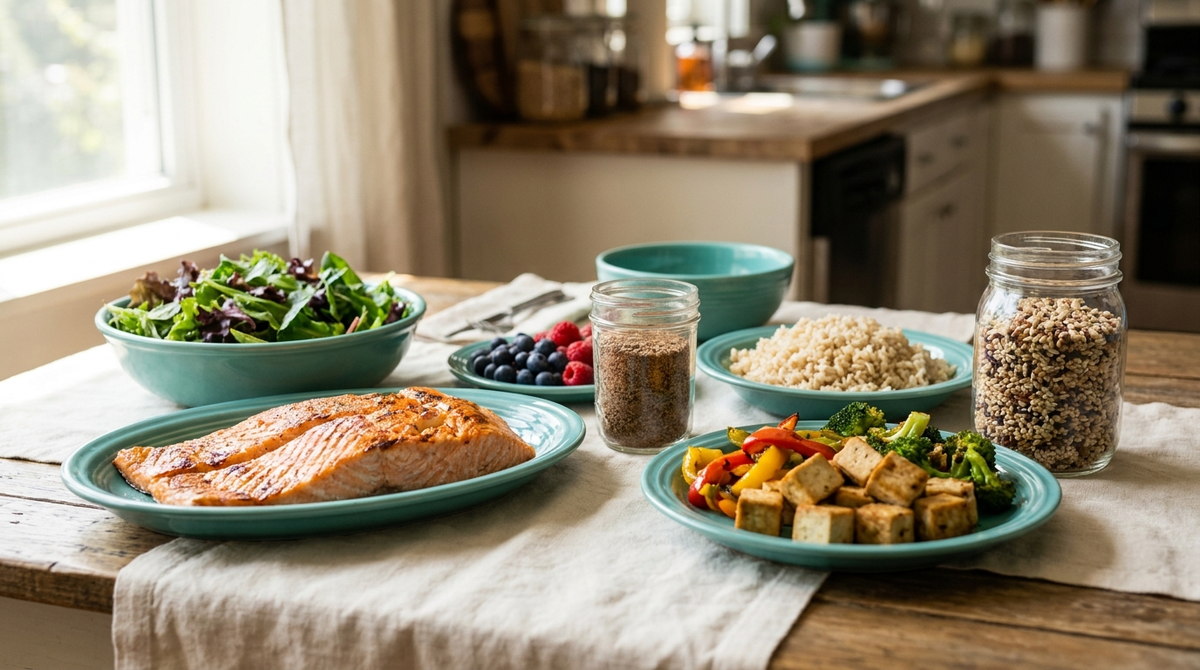 A colorful, balanced midlife-friendly meal spread with salmon, greens, berries, flax and whole grains