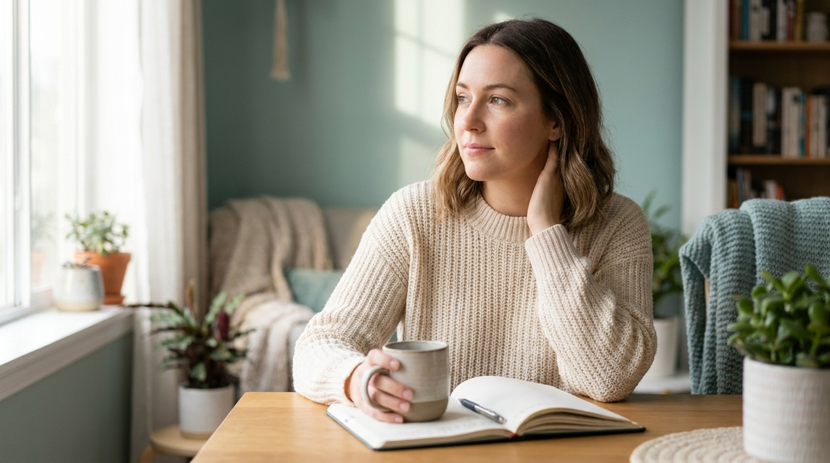 A thoughtful woman around 46 with a coffee and an open journal, reflecting