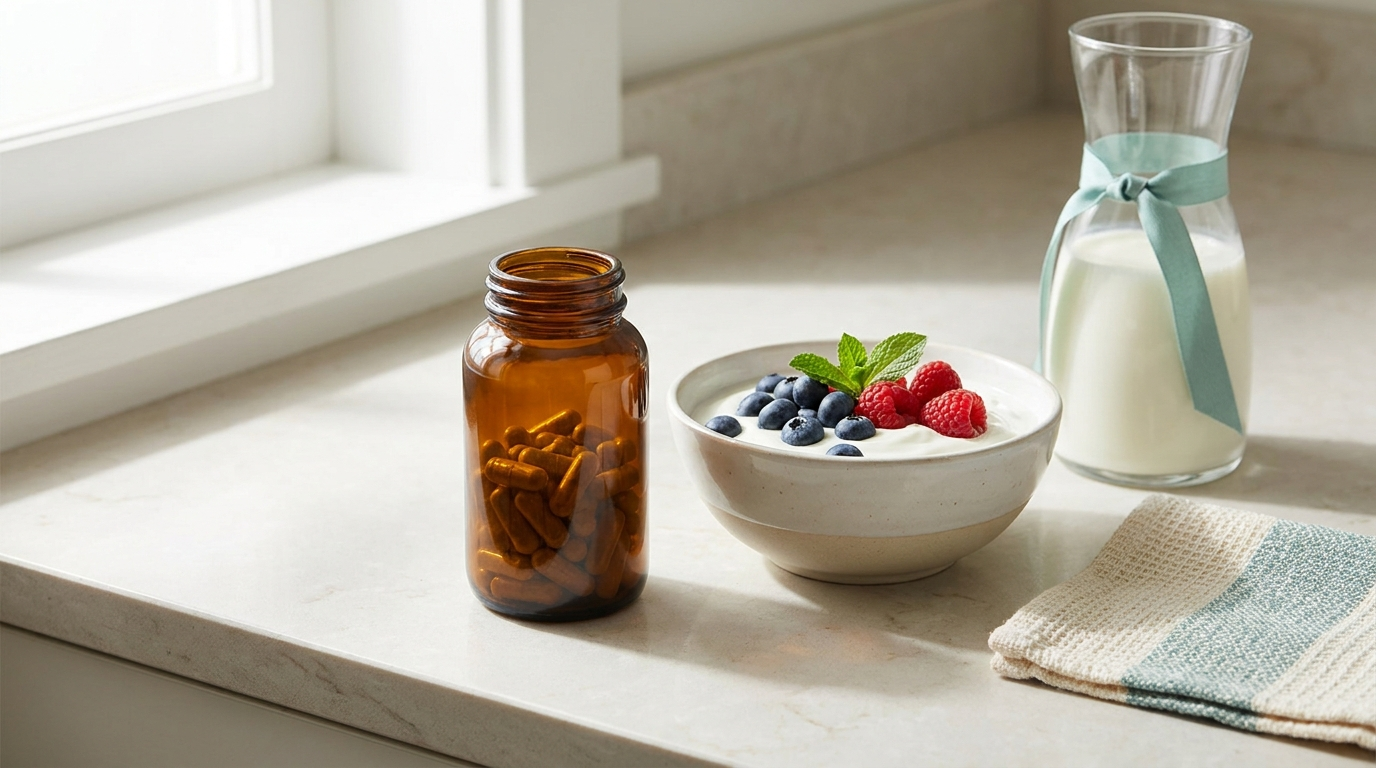 An unlabeled supplement bottle with capsules beside plain yogurt, kefir and fresh berries